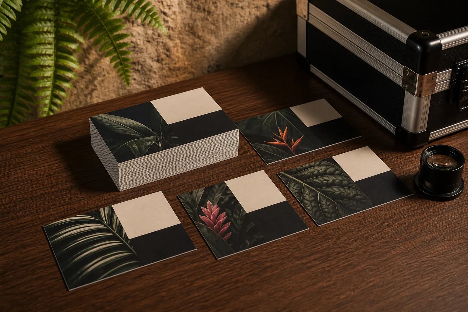 A stack and fan of matte business cards on a dark timber desk, showing the card thickness at the cut edge.