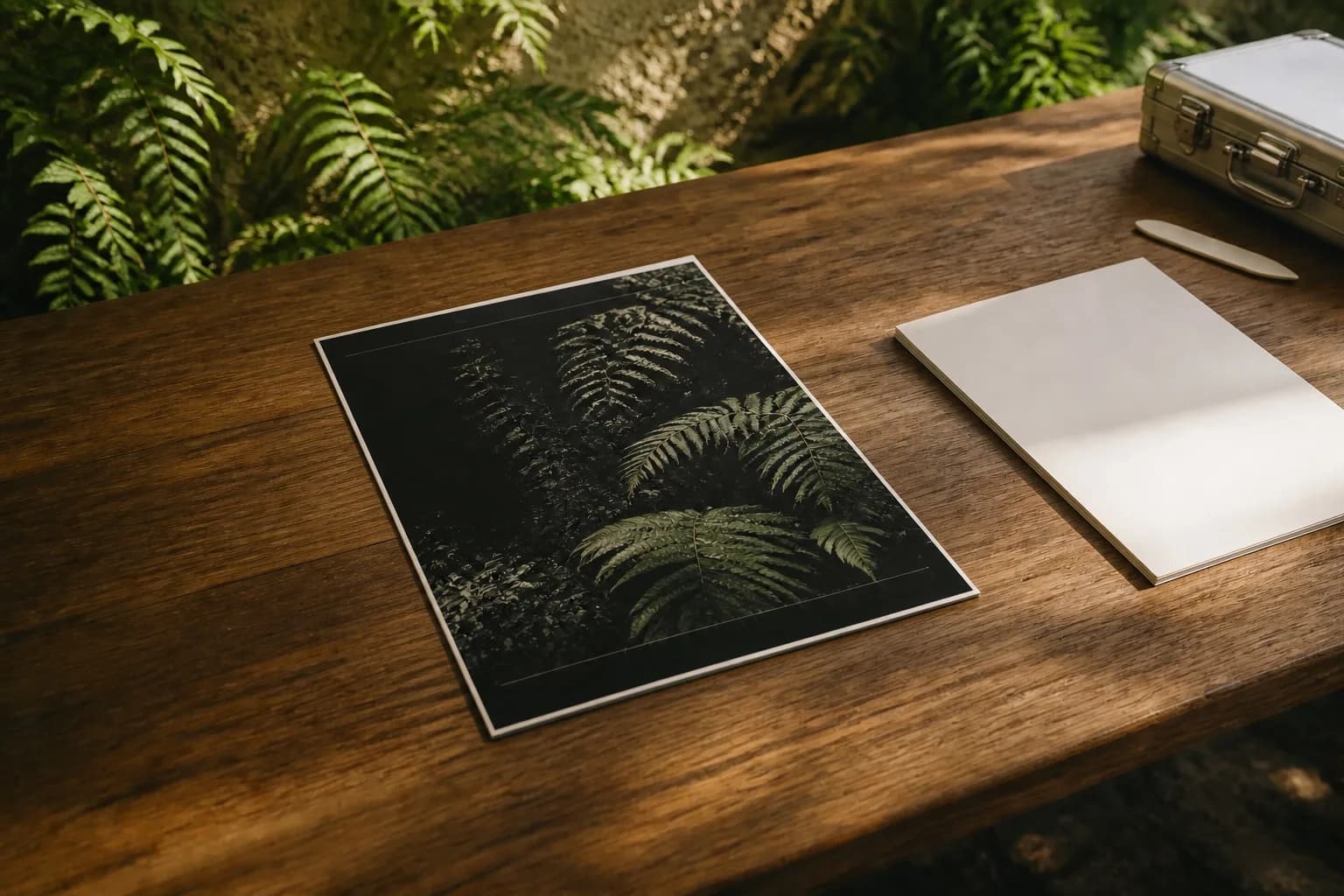 A printed presentation folder lying flat on a timber desk next to a blank sheet, showing the 9 by 12 inch panel.